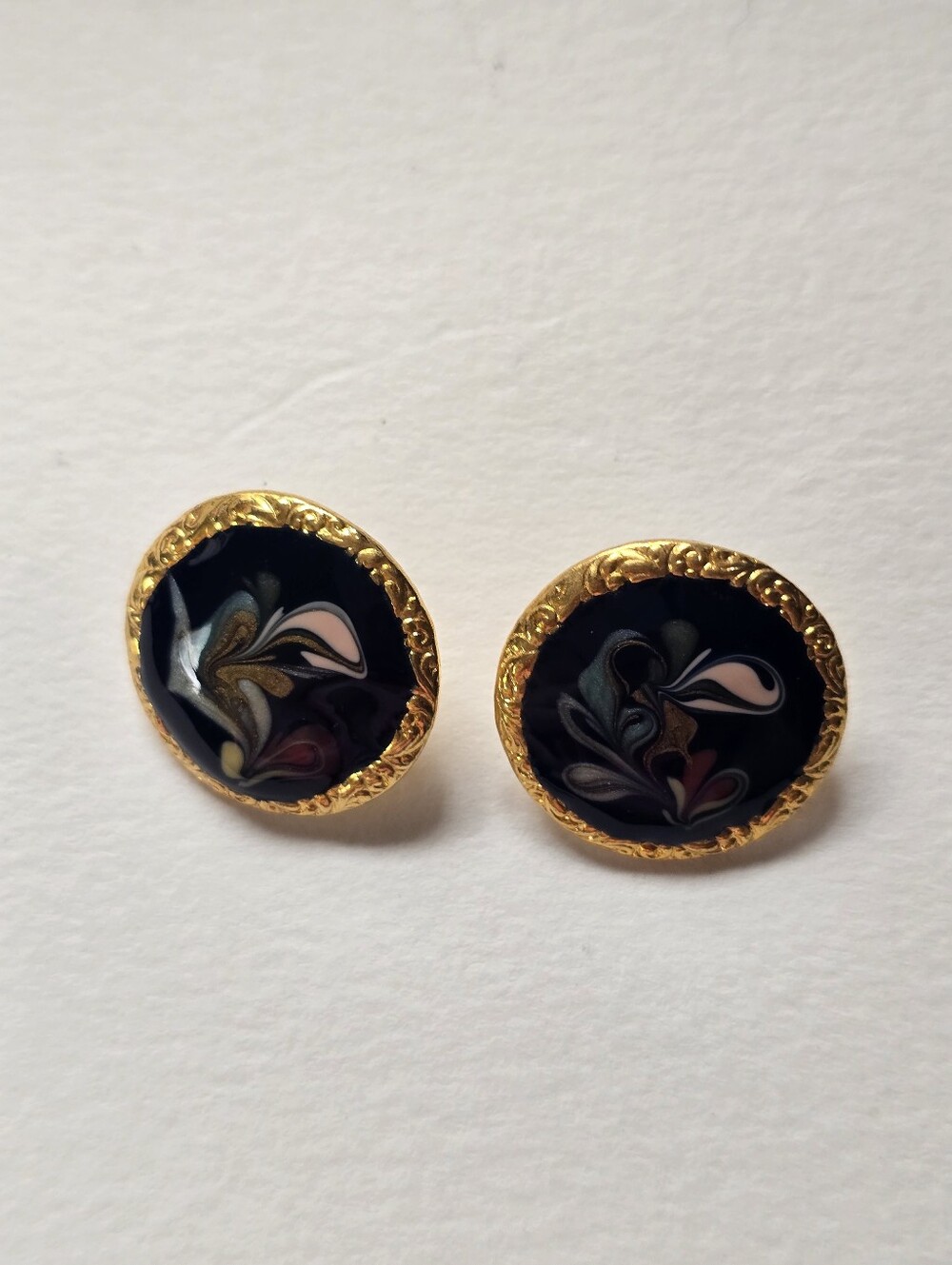 Gold-Trim Black Floral Enamel Round Earrings